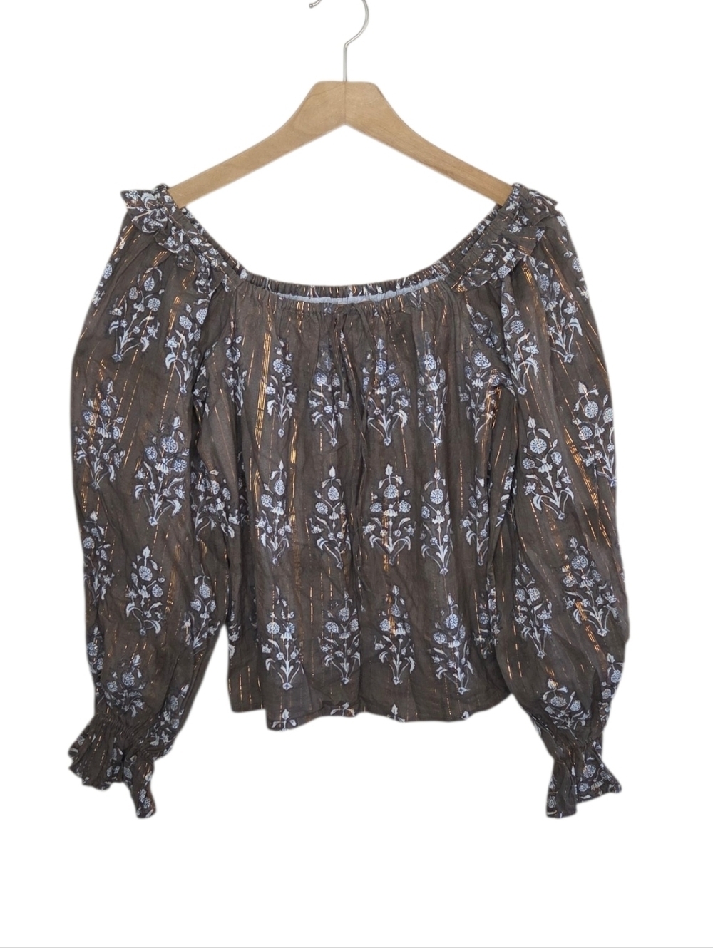 Clara The Label Brown White Metallic Floral Print Boho Top Size XS 100% Cotton
